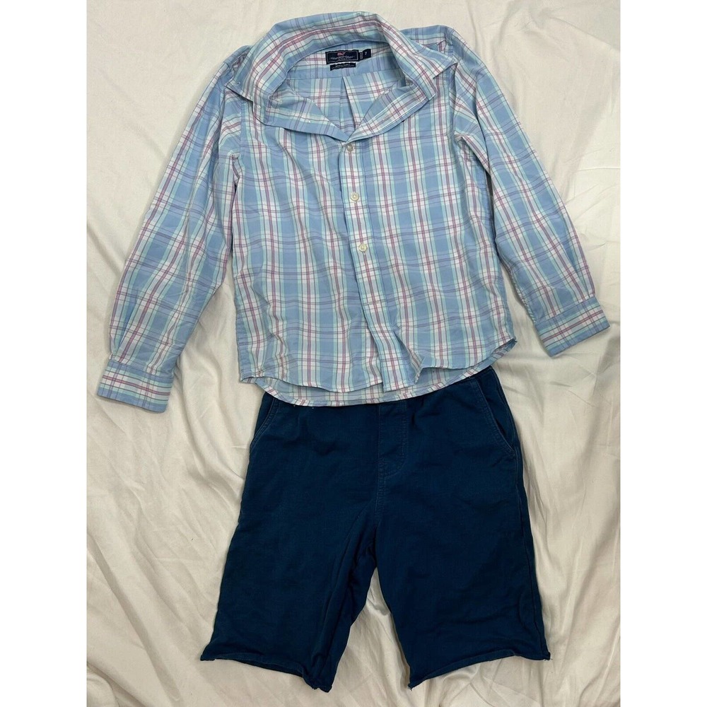 Vineyard Vines lt. blue plaid shirt and Tea Collection blue shorts outfit, sz 7